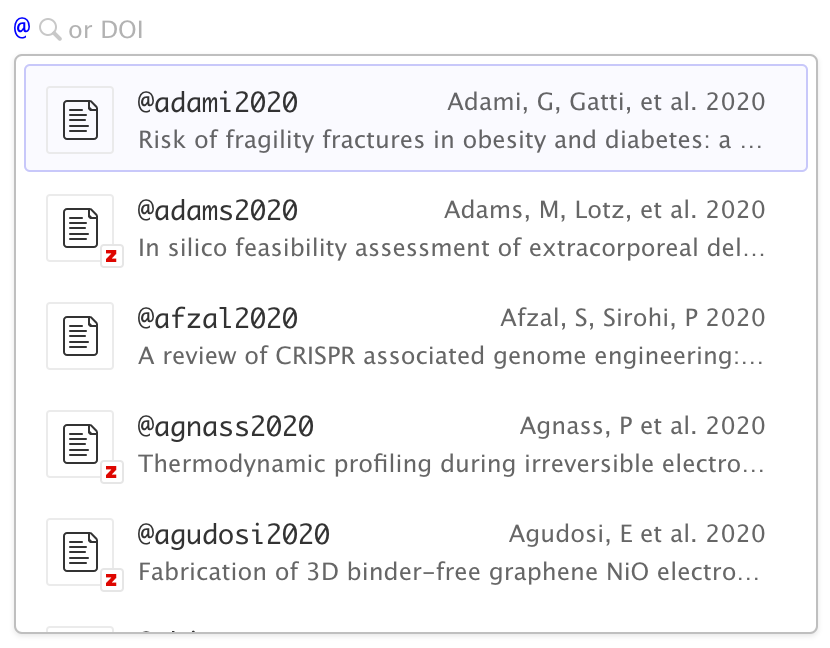 Someone has typed '@' in the Visual Editor. In light gray to the right of the '@' is a magnifying glass followed by the text 'or DOI'. Underneath this is a pop-up menu showing available citations. Each citation has a title of the form '@citation' in black, the title of the cited material in gray underneath it, an icon to the left, and the reference to the right in gray. Some of the icons have a small red 'Z' on the bottom right corner, indicating that the corresponding reference comes from a Zotero library.